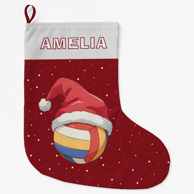 Volleyball Ball Red Santa Hat Name Large Christmas Stocking (Front)