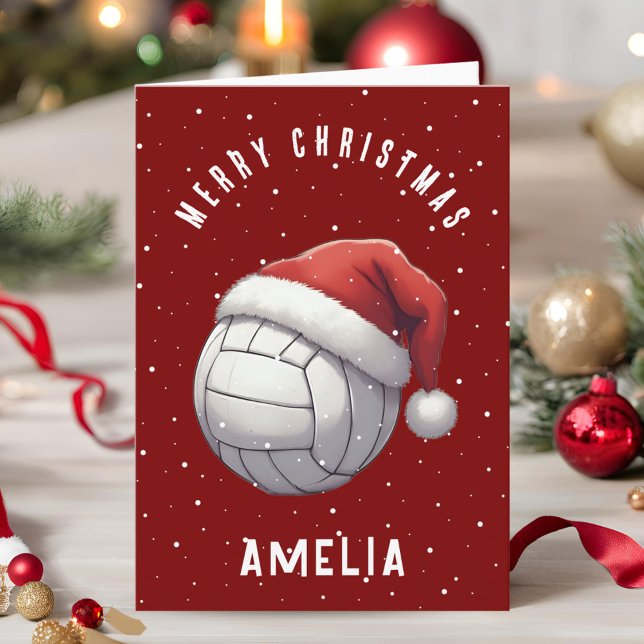 Volleyball Ball with Red Santa Hat Name Christmas Holiday Card (Creator Uploaded)