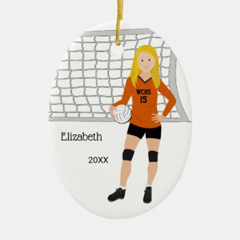 Volleyball Blonde Female Orange & Black Ceramic Ornament by NightOwlsMenagerie at Zazzle