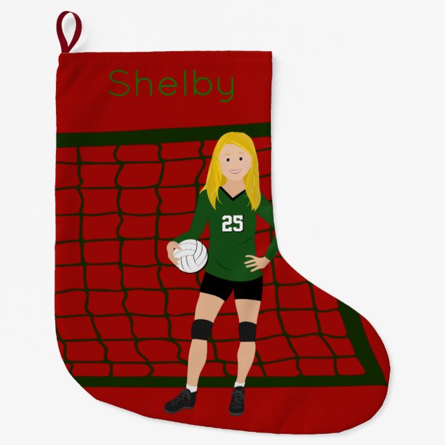 Volleyball Blonde Girl In Green Large Christmas Stocking (Front)
