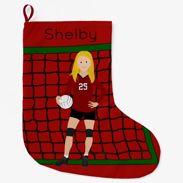 Volleyball Blonde Girl In Red Large Christmas Stocking (Front)