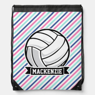 Volleyball; Blue, Pink, & White Stripes, Sports Drawstring Bag