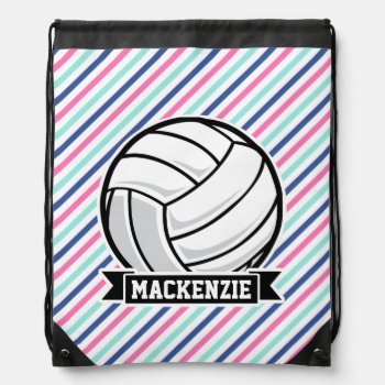 Volleyball; Blue  Pink  & White Stripes  Sports Drawstring Bag by Birthday_Party_House at Zazzle