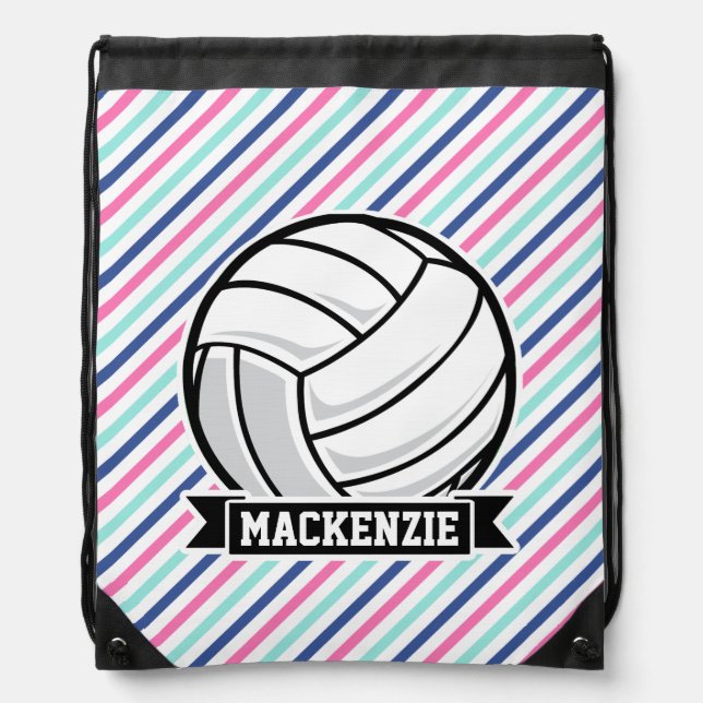 Volleyball; Blue, Pink, & White Stripes, Sports Drawstring Bag (Front)