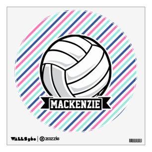 Volleyball; Blue, Pink, & White Stripes, Sports Wall Sticker