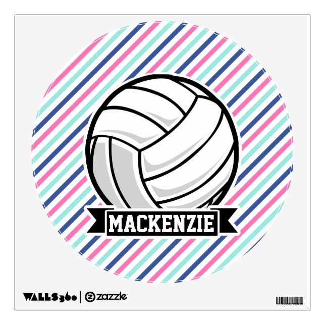 Volleyball; Blue, Pink, & White Stripes, Sports Wall Sticker (Front)