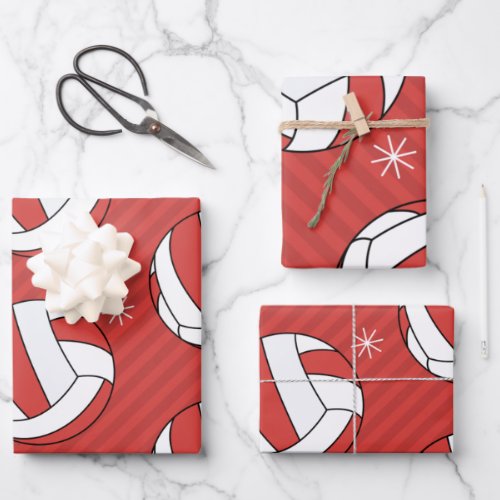 Volleyball Christmas Striped Festive Ball Snow Red Wrapping Paper Sheets