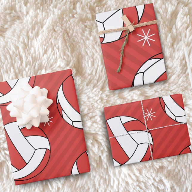 Volleyball Christmas Striped Festive Ball Snow Red Wrapping Paper Sheets (Creator Uploaded)