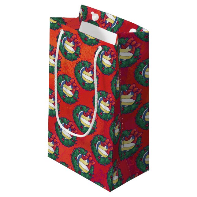 Volleyball Christmas Wreath Small Gift Bag (Front Angled)