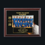 Volleyball Coach Thank You with Custom Team Photo Award Plaque<br><div class="desc">Honor your volleyball coach with this dynamic plaque featuring a fiery volleyball background and a customizable team photo. The layout includes editable text for the coach's name, team name, logo, year, and full roster—creating a lasting tribute to a season of teamwork and dedication. Ideal for coach appreciation, senior night, or...</div>