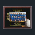 Volleyball Coach Thank You with Custom Team Photo Award Plaque<br><div class="desc">Honor your volleyball coach with this dynamic plaque featuring a fiery volleyball background and a customizable team photo. The layout includes editable text for the coach's name, team name, logo, year, and full roster—creating a lasting tribute to a season of teamwork and dedication. Ideal for coach appreciation, senior night, or...</div>
