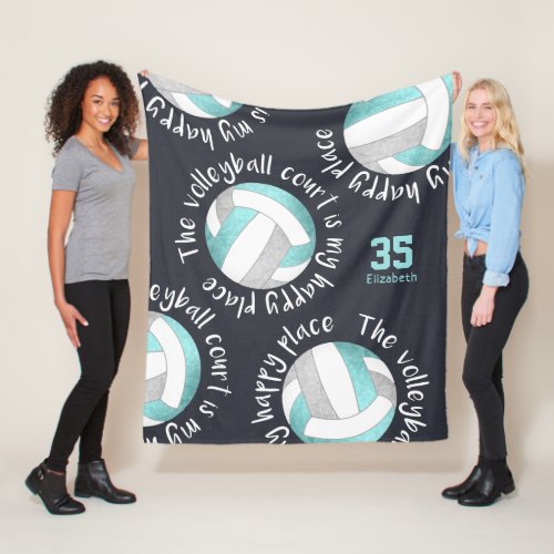 volleyball court happy place aqua gray on charcoal fleece blanket