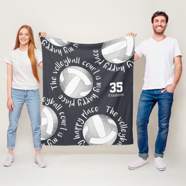volleyball court happy place gray white charcoal fleece blanket (In Situ)