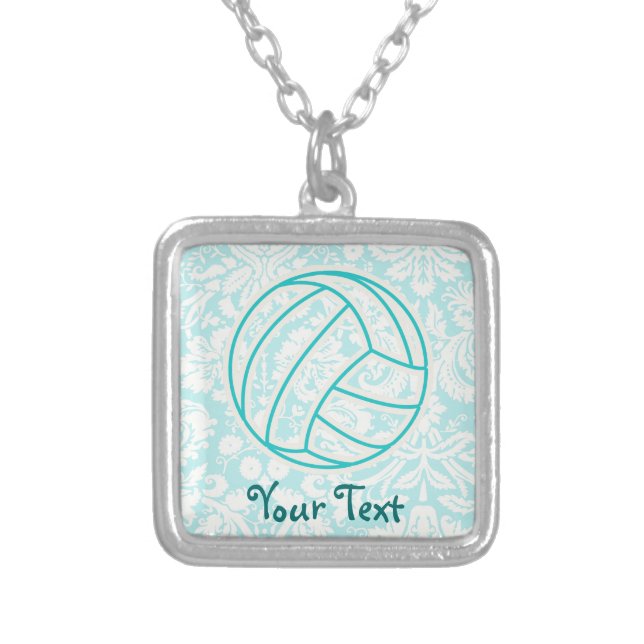 Volleyball; Cute Teal Silver Plated Necklace (Front)