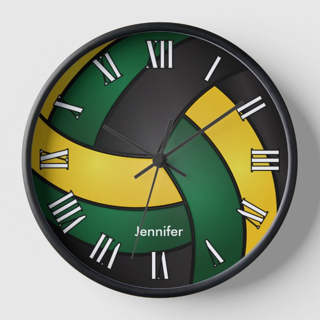Volleyball | Dark Green, Black and Gold Style Clock (Front)