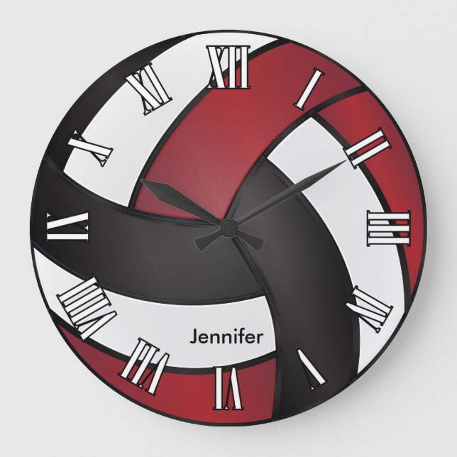 Volleyball | Dark Red, Black and White Style Large Clock (Front)