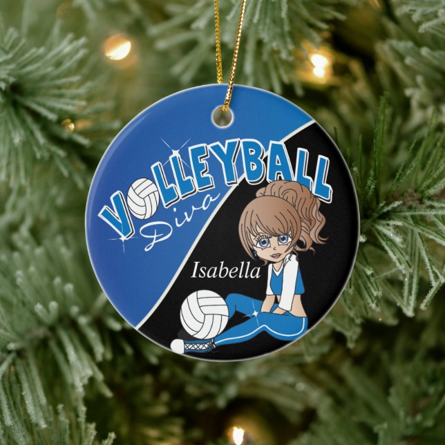 Volleyball Diva Girl Player in Blue Ceramic Ornament (Tree)