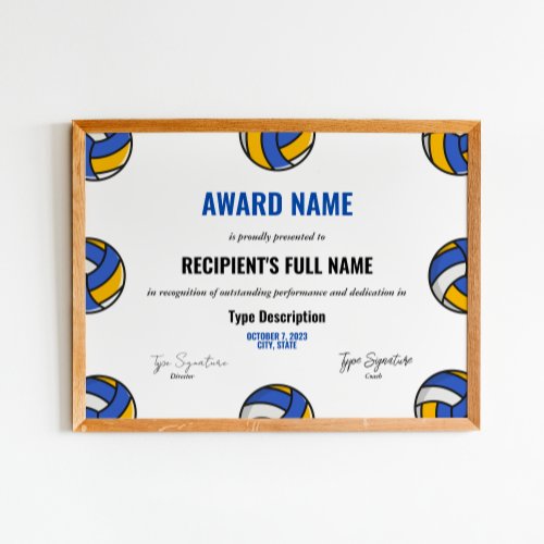 Volleyball Excellence Award Certificate Poster