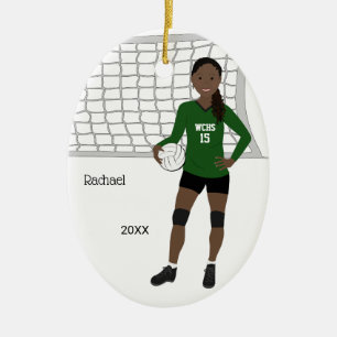 Volleyball Female Black Hair Green & Black Ceramic Ornament
