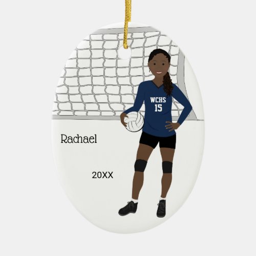 Volleyball Female Black Hair In Dark Blue  Black Ceramic Ornament