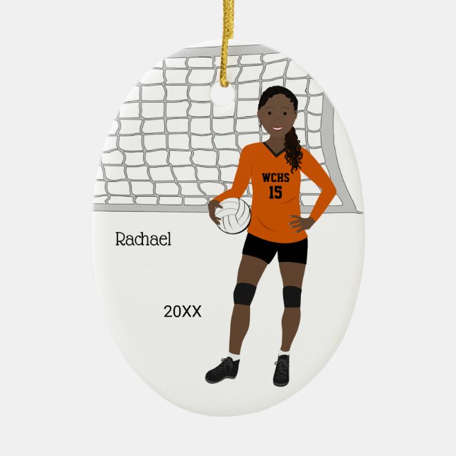 Volleyball Female Black Hair Orange & Black Ceramic Ornament (Front)