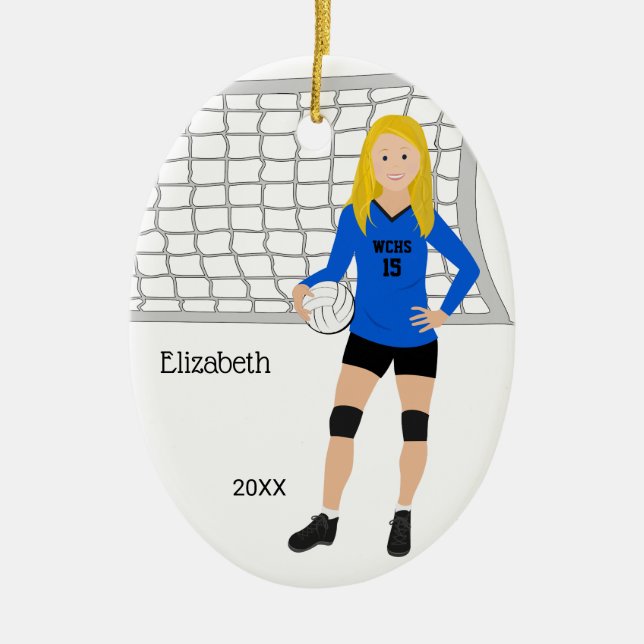Volleyball Female Blond Blue & Black Ceramic Ornament (Front)