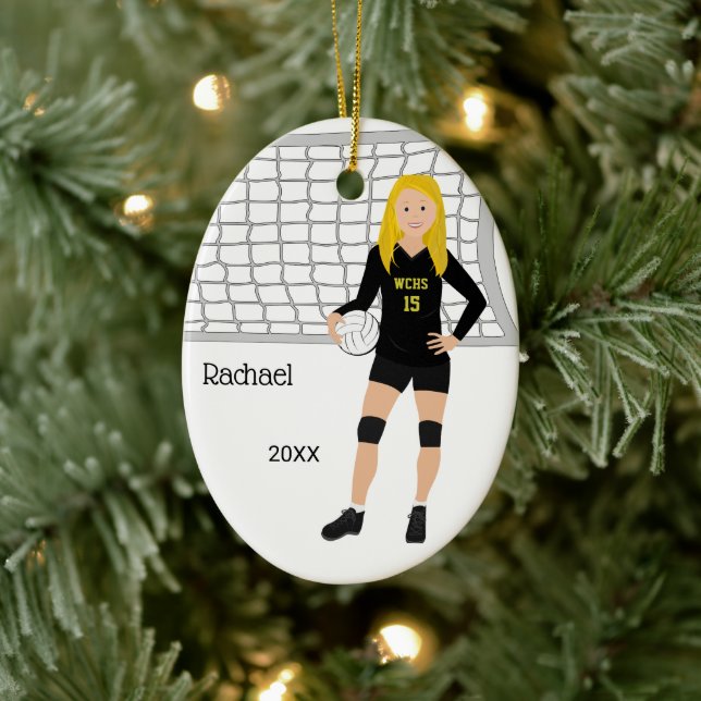 Volleyball Female Blond Hair In Black and Gold Ceramic Ornament (Tree)