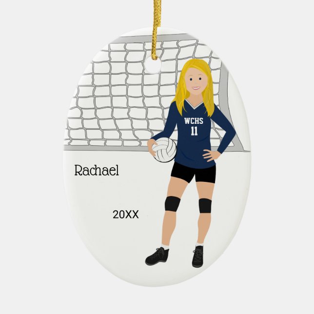 Volleyball Female Blond Hair In Dark Blue & Black Ceramic Ornament (Front)
