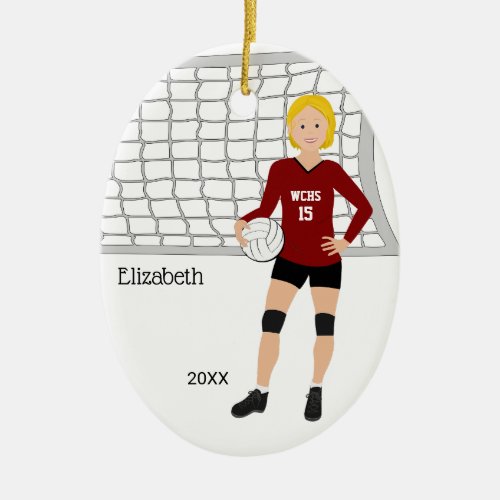 Volleyball Female Blonde Hair Red  Black  Ceramic Ornament