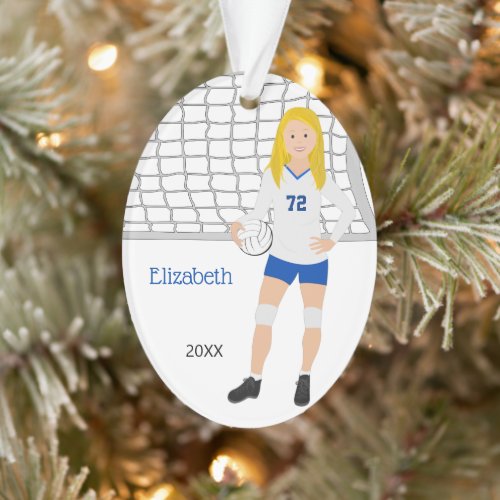 Volleyball Female Blonde in Blue and White  Ornament