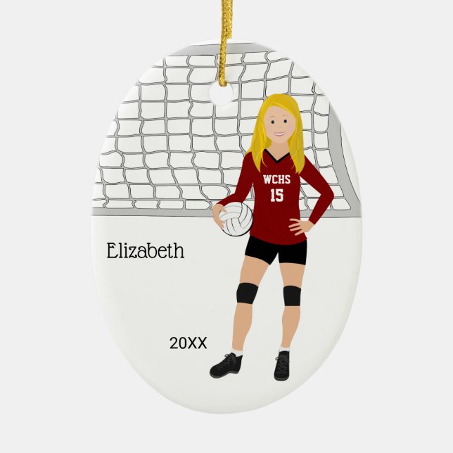 Volleyball Female Blonde Red & Black Ceramic Ornament (Front)