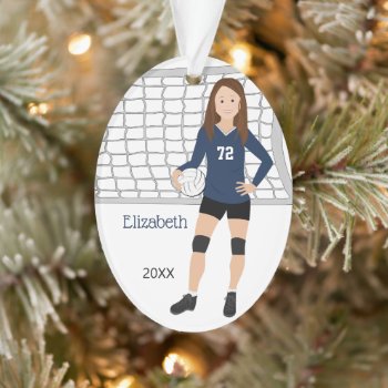 Volleyball Female Brown Hair In Blue And Black  Ornament by NightOwlsMenagerie at Zazzle