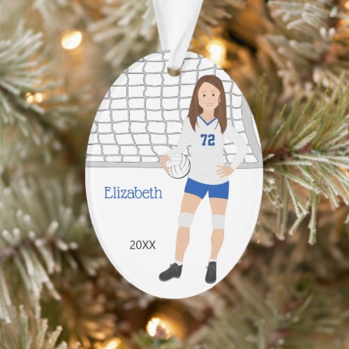 Volleyball Female Brown Hair in Blue and White Ornament