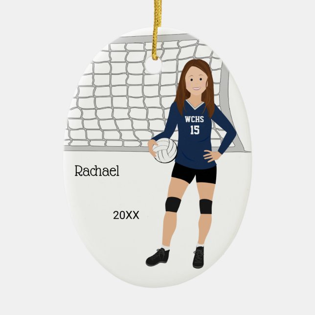 Volleyball Female Brown Hair In Dark Blue Black Ceramic Ornament (Front)