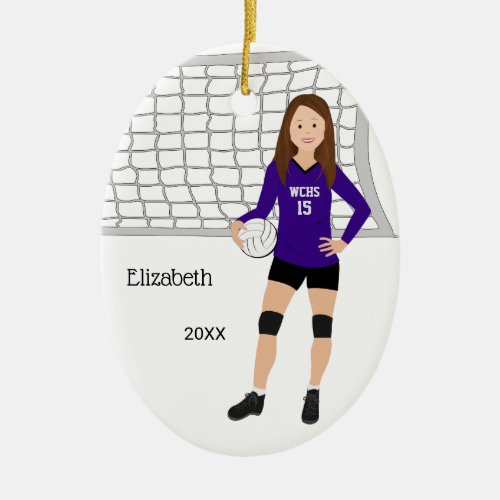 Volleyball Female Brunette Purple  Black Ceramic Ornament