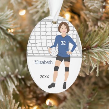Volleyball Female Curly Brown Hair In Blue Black Ornament by NightOwlsMenagerie at Zazzle