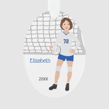 Volleyball Female Short Brown Hair In Blue White  Ornament by NightOwlsMenagerie at Zazzle