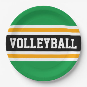 VOLLEYBALL Fun Bright Green Black Orange Stripes  Paper Plates