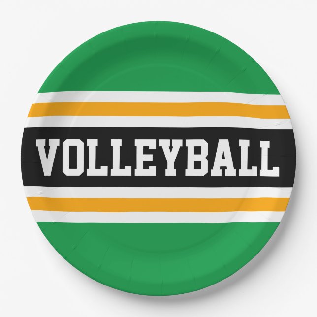 VOLLEYBALL Fun Bright Green Black Orange Stripes  Paper Plates (Front)