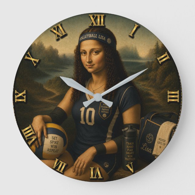 Volleyball Funny Mona Lisa  Large Clock (Front)