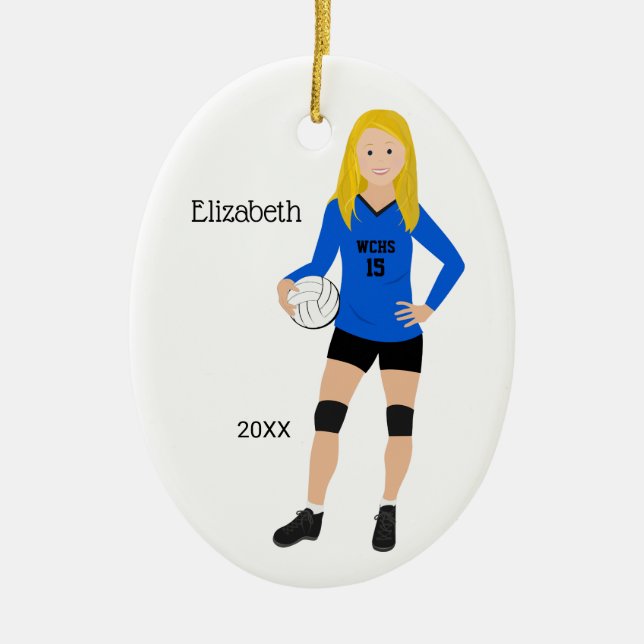 Volleyball Girl Blonde Blue & Black Ceramic Ornament (Front)