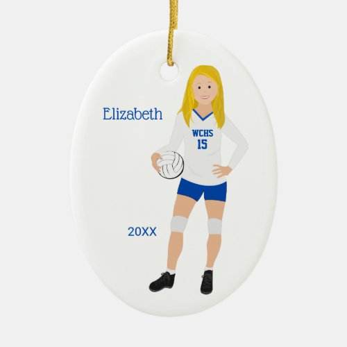 Volleyball Girl Blonde Blue  White Ceramic Ornament