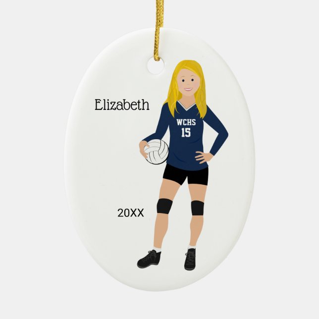 Volleyball Girl Blonde Dark Blue & Black Ceramic Ornament (Front)