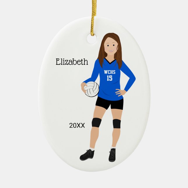 Volleyball Girl Brunette Blue and Black Ceramic  Ceramic Ornament (Front)