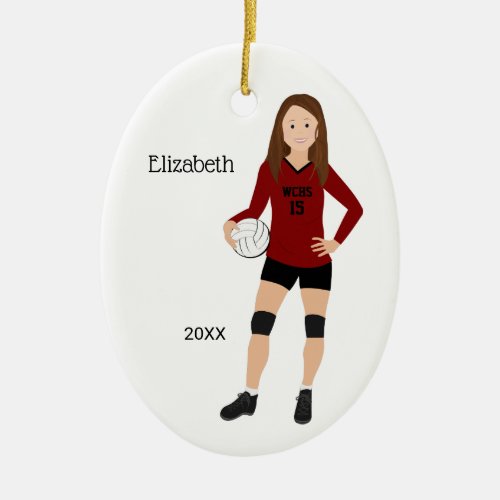 Volleyball Girl Brunette Red  Black Ceramic Ornament