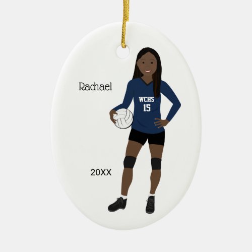 Volleyball Girl Long Black Hair Dark Blue  Black Ceramic Ornament