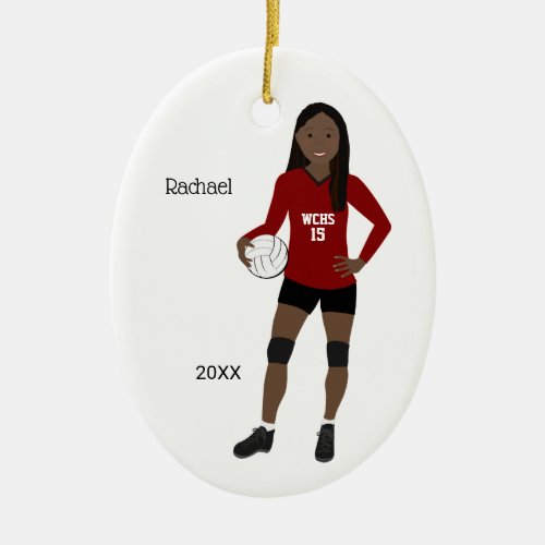 Volleyball Girl Long Black Hair Red  Black Ceramic Ornament