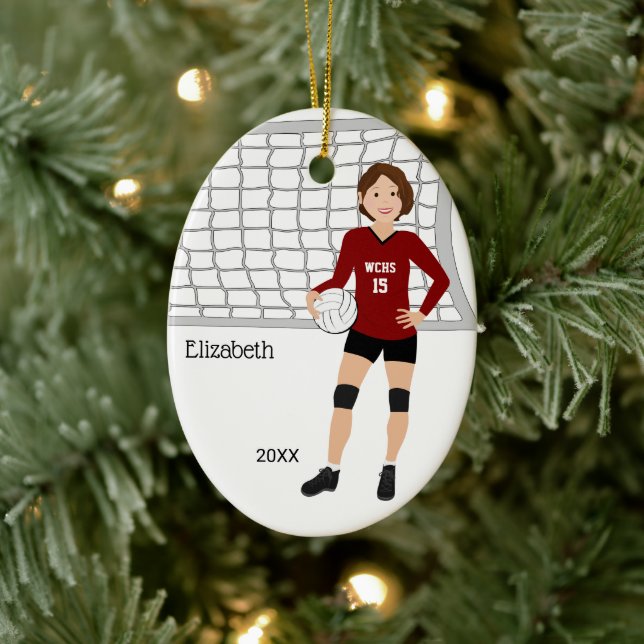 Volleyball Girl with Short Brown Hair Red & Black  Ceramic Ornament (Tree)