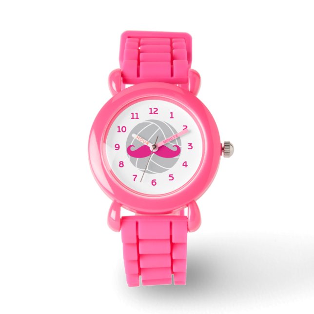 Volleyball glitter pink mustache volleyball watch (Front)