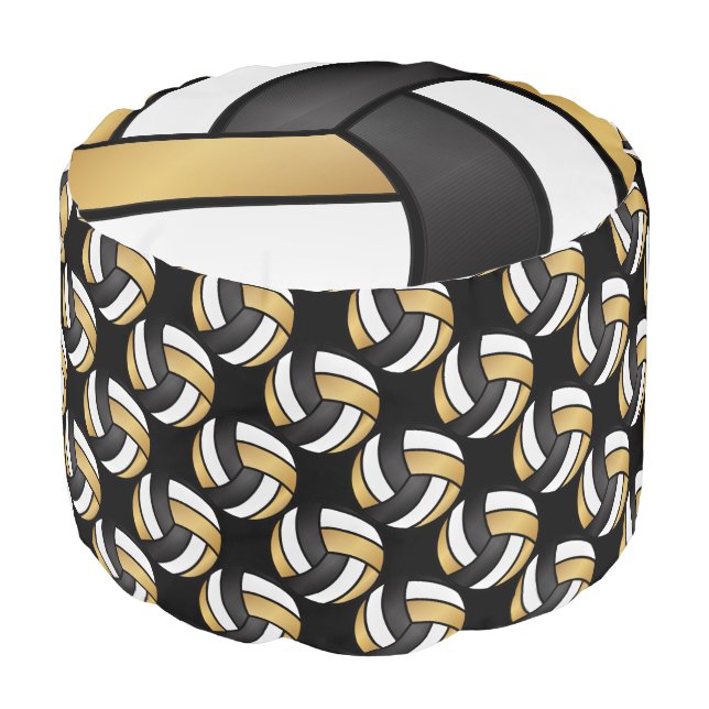 Volleyball Gold, White and Black Pattern Pouf (Angled Front)